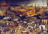The Triumph of Death is an oil painting on panel, painted c. 1562 by Pieter Bruegel the Elder. It is in the Museo del Prado in Madrid.<br/><br/>

The painting is a panoramic landscape: the sky in the distance is blackened by smoke from burning cities and the sea is littered with shipwrecks. Armies of skeletons advance on the living, who either flee in terror or try vainly to fight back. In the foreground, skeletons haul a wagon full of skulls, and ring the bell that signifies the death knell of the world. A fool plays the lute while a skeleton behind him plays along; a starving dog nibbles at the face of a child; a cross sits in the center of the painting. People are herded into a trap decorated with crosses, while a skeleton on horseback kills people with a scythe. The painting depicts people of different social backgrounds – from peasants and soldiers to nobles as well as a king and a cardinal – being taken by death indiscriminately.<br/><br/>

The painting shows aspects of everyday life in the mid-sixteenth century. Clothes are clearly depicted, as are pastimes such as playing cards and backgammon. It shows objects such as musical instruments, an early mechanical clock, scenes including a funeral service, and a common method of execution: being lashed to a cartwheel mounted on a vertical pole.<br/><br/>

Pieter Bruegel's The Triumph of Death is considered to reflect the social upheaval and terror that followed the plague which devastated medieval Europe